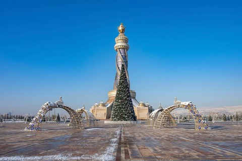 Istiklol Tower with Christmas tree, Independence and Freedom Tower, winter, Dushanbe, Tajikistan,