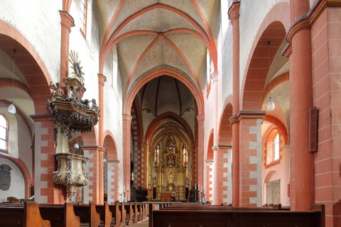 Interior view with pulpit, Romanesque monastery Arnhem, Gothic monastery church, Obernhof, Lahntal,