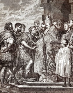 Aurelius Ambrosius oder der Heilige Ambrosius, Bischof von Mailand, der Kaiser Theodosius I. den
