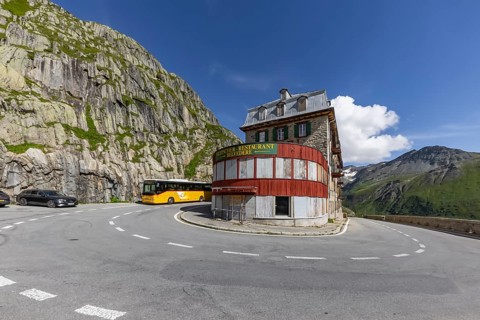 Hotel Belvédère on the Furka, the most famous pass hotel in the world. The building is closed and