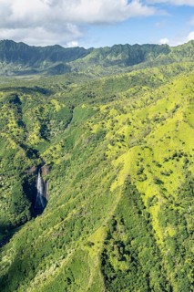 Aerial view Manawaiopuna Falls (Jurassic Park Falls), Kauai, Hawaii, USA, North America