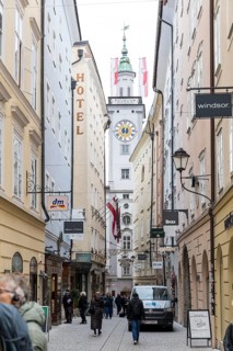 Sigmund-Haffner-Gasse with Town Hall Tower from the Old Town Hall, Old Town of Salzburg, Austria