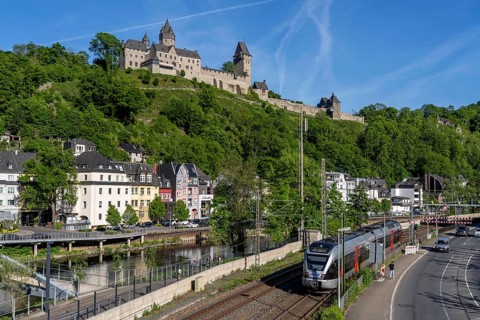 Regional railway 91, the Vias, runs between Hagen and Siegen, here in Altena, on the river Lenne,
