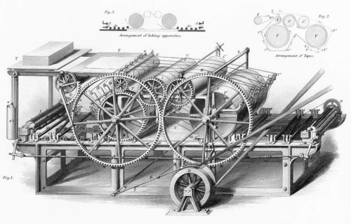 Doppelzylinder-Druckmaschine aus dem 19. Jahrhundert. Aus der Cyclopaedia of Useful Arts and