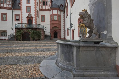 Wall fountain with lion figure and coat of arms, courtyard, baroque castle, Weilburg, Taunus,
