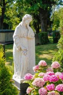 Pfullingen cemetery, female figure, stone figure, marble sculpture, grave, memorial, hydrangea in