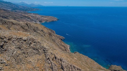 Aerial view of south coast of Crete right Libyan Sea Mediterranean Sea near Sfakia, Chora Sfakion,