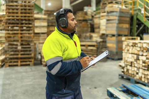 Man caucasian carpenter doing inventory writing notes in a clipboard in a recycling plant