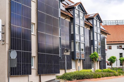 Solar façade, photovoltaic elements on a building façade, hotel in Herrenberg, large PV modules