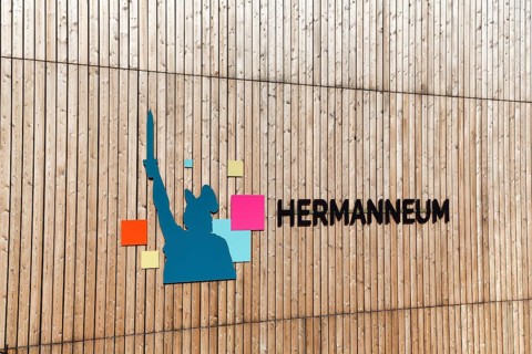 Visitor centre with inscription Hermanneum am Hermannsdenkmal, facade, Detmold, East