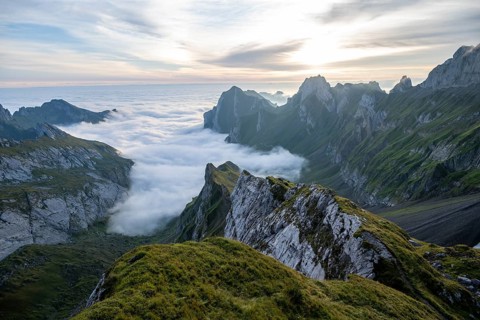 Alpstein, valley of Meglisalp at sunrise, high fog in the valley, Säntis, Appenzell Ausserrhoden,