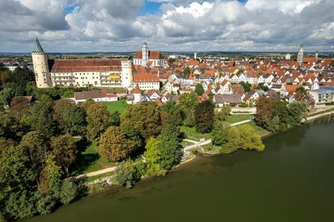 Aerial view of Lauingen on the Danube with the former Lauingen Castle and the parish church of St