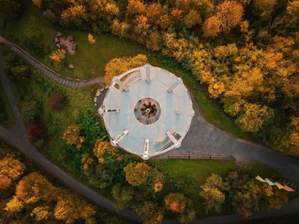 Aerial view of the Schönbuchturm in autumn forest at sunrise, Herrenberg, Germany