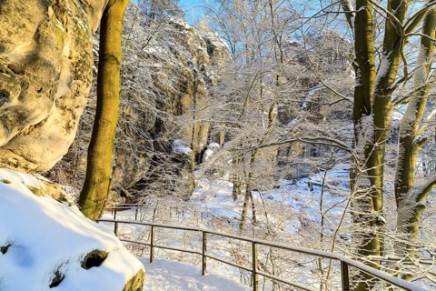 Winter magic at the Bastei, access to the Tiedge Aussicht, Saxon Switzerland, Saxony, Germany