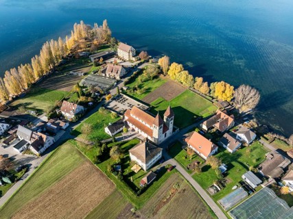 Aerial view of the north-western tip of the island of Reichenau in autumn with the district of