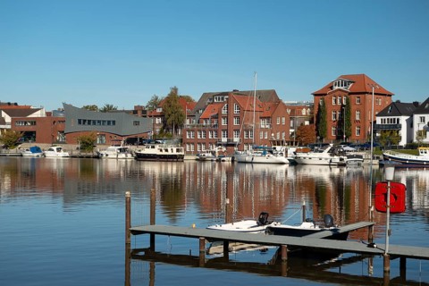 Leisure harbour, moorings, motorboats, Leer, East Frisia, Germany