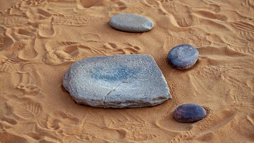 Various stones lie on sandy ground, surrounded by footprints in a desert landscape, Prehistoric