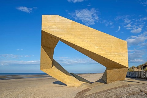 Westerpunt, concrete sculpture on beach along the North Sea coast at seaside resort De Panne,