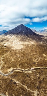 Panorama of The Buachaille Mountain and Moors over Glen Etive Valley from a drone, Buachaille Etive