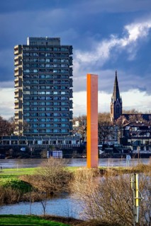 Ruhr estuary in the Rhine, high-rise building with hotel in Duisburg Homberg, sculpture Rhine