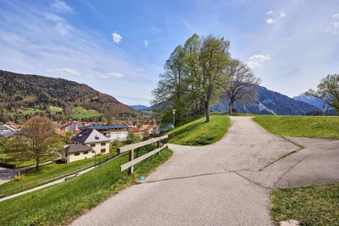 Mountain landscape, footpath, crossroads, wooden fence, mountains, hills, coniferous forest,