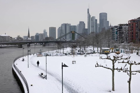 There is snow on the banks of the Main from the Wesel shipyard to the Frankfurt banking skyline,