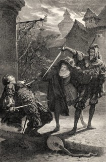 Faust and Mephistopheles killing Valentine, first part of the tragic play Faust by Johann Wolfgang
