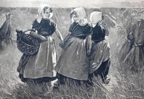 Three girls at harvest time in Zeeland, 1890, Holland, digital reproduction of an original from the