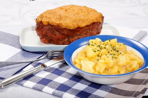 Swabian cuisine, Stuttgarter Leberkäs in a horseradish-mustard coating, Swabian potato salad,