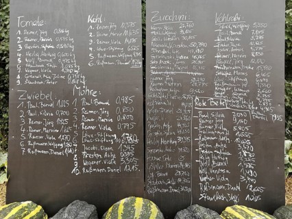 Handwritten list of different types of vegetables and their weights at a competition, chalk on