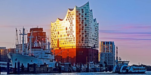Elbphilharmonie with the Norderelbe at sunrise, Hamburg, Germany