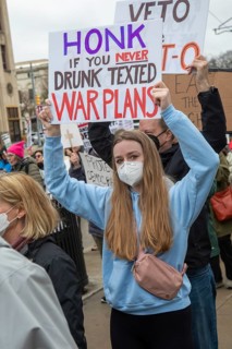 Detroit, Michigan USA - 5 April 2025 - A 'Hands Off' demonstration protests the Trump