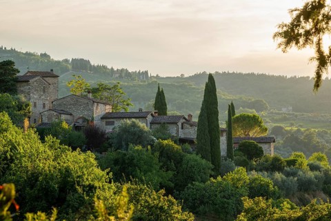 Tuscan landscape next to greve in Chianti and Montefioralle, country estate with vineyards,