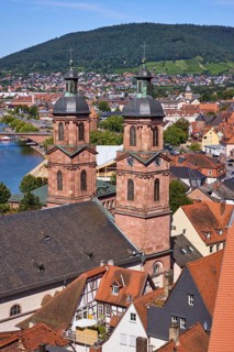 Bird's eye view of the towers of the parish church of St James in Miltenberg, Lower Franconia,