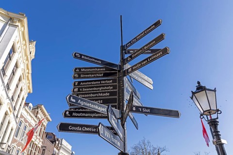 Road sign, Market Square, Gouda, Holland, Netherlands