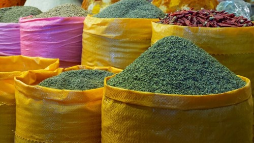 Sacks of herbs and spices, Medina of Meknes, Morocco