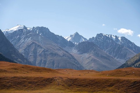 Picturesque mountain landscape with white mountain peaks, Tian Shan Mountains, Issyk-Kul,