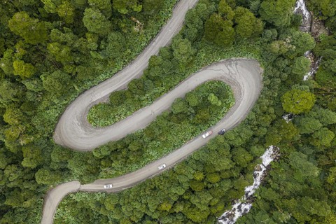 Road Carretera Austral south of Puyuhuapi, cold rain forest, aerial view, Aysen, Patagonia, Chile