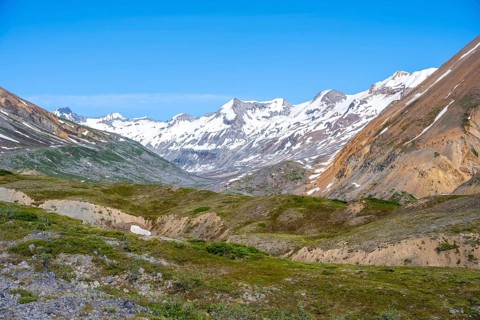 Colourful mountains, picturesque mountain scenery on Gulkana Glacier, Richardson Highway, Alaska