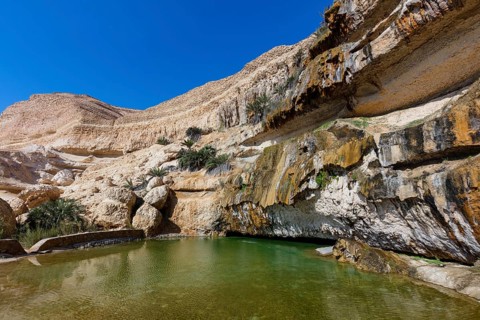 Landscape in Oman, rocks, pool, water, rocky landscape Ash Shuwaymiyah, Wadi Shuwaimiya, Dhofar