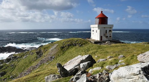 Beacon, Runde fyr, on the Atlantic Ocean, on the island Runde, Norway
