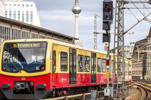 Friedrichstraße railway station in Berlin. An S-Bahn line S5 to Strausberg Nord at the exit. On the