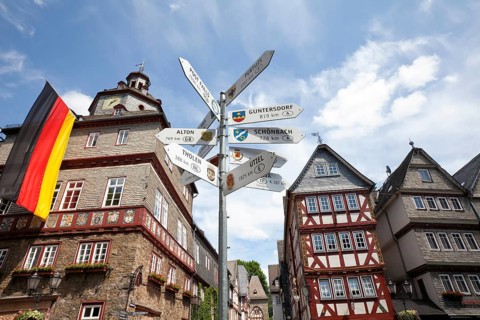 City hall, Buttermarkt butter market, Signpost, partner cities, historic old town of Herborn,