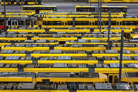 Essen, North Rhine-Westphalia, Germany, Trams at Ruhrbahn depot, Verdi and EVG warning strike