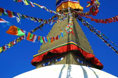 Nepal. landlocked country in the Himalayas, Kathmandu, Bodnath, Boudnath, stupa, colorful flags,