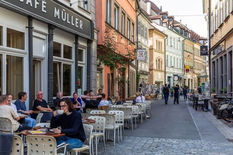 Cafe Müller and other street cafés in Austraße, Bamberg, Bavaria, Germany