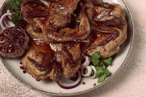 Fried, quail meat, tobacco (tapaka), with spices, homemade, no people