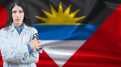 Antiguan national health system, Medical professional on Antigua and Barbuda flag background