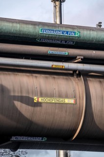 Pipelines for district heating, at the Thyssenkrupp Steel site in Duisburg Marxloh, waste heat from