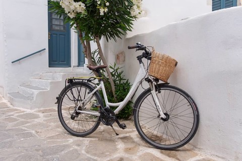 A bicycle with a basket leaning against a white wall next to a door and stone steps, surrounded by